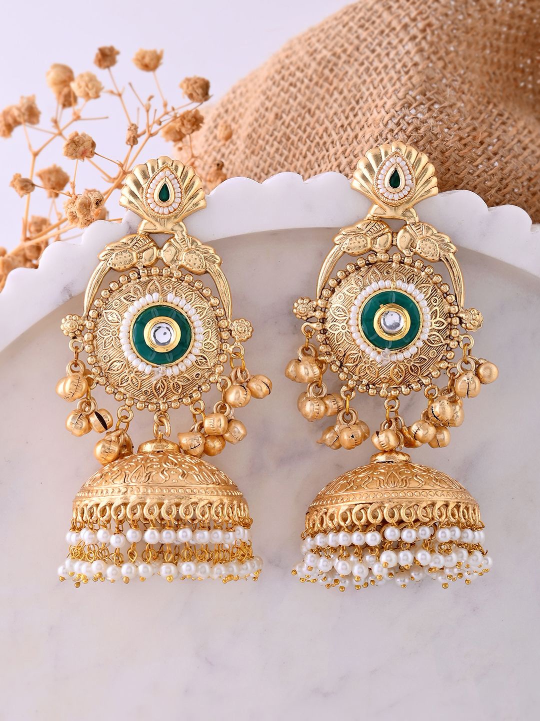 

Voylla Green & Gold Plated Contemporary Chandbali Jhumkas