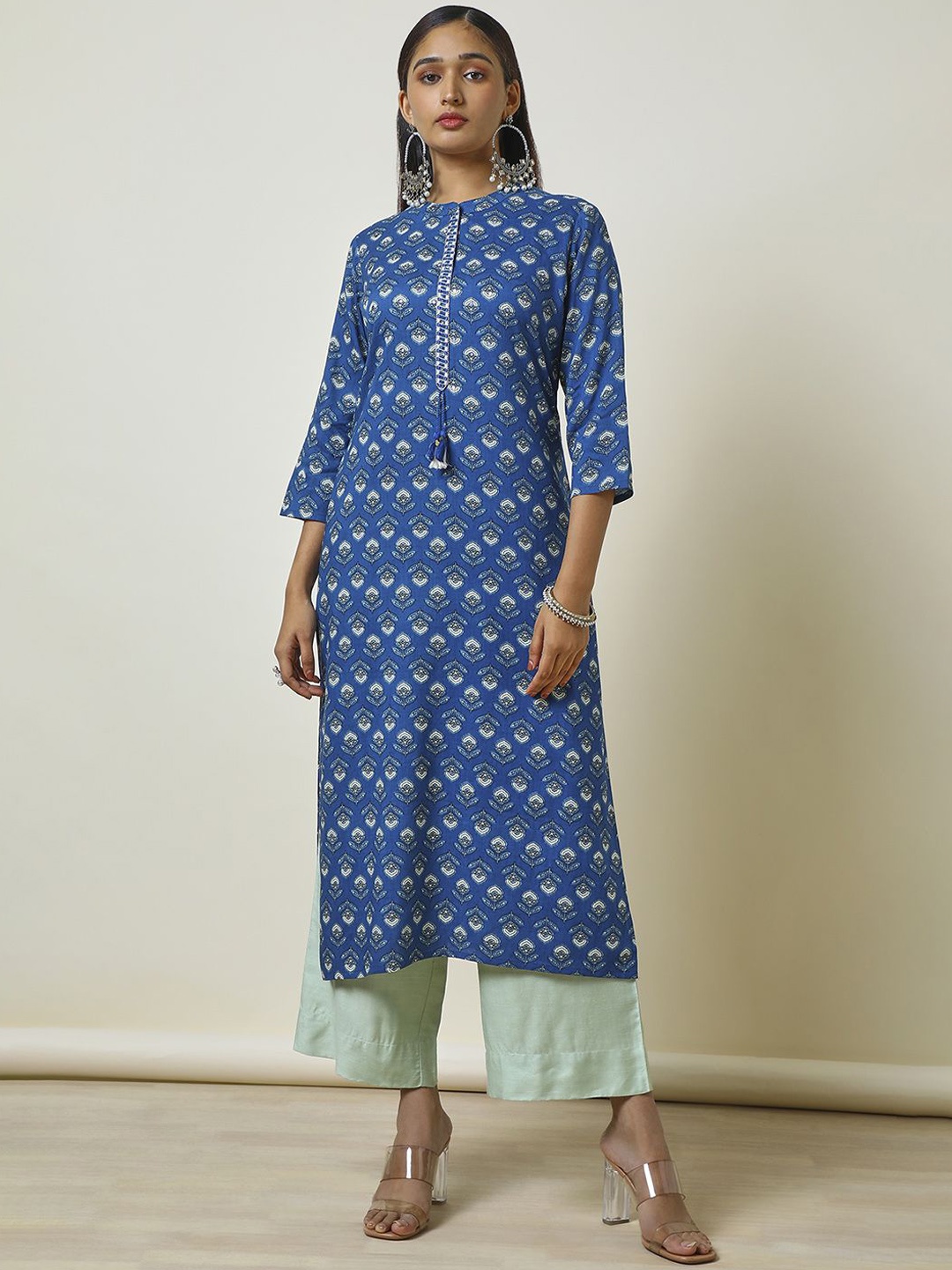 

Soch Floral Printed Mirror Work Mandarin Collar Straight Kurta, Blue