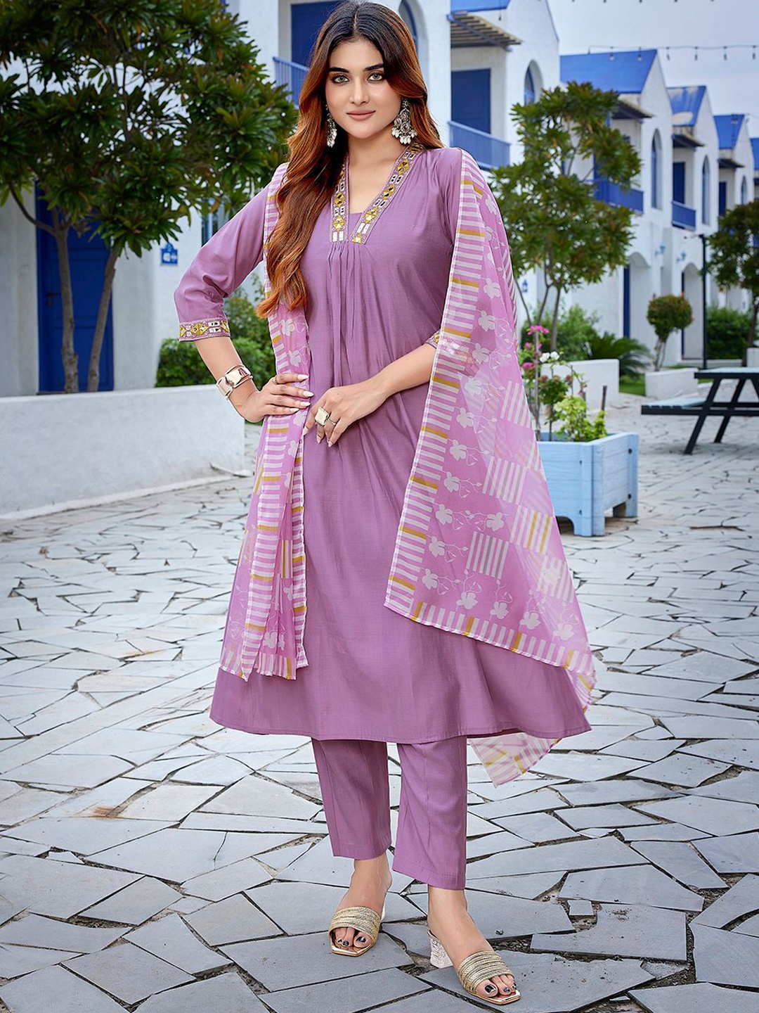 

Royal Export Geometric Yoke Design Mirror Work Straight Kurta With Trouser & Dupatta, Lavender