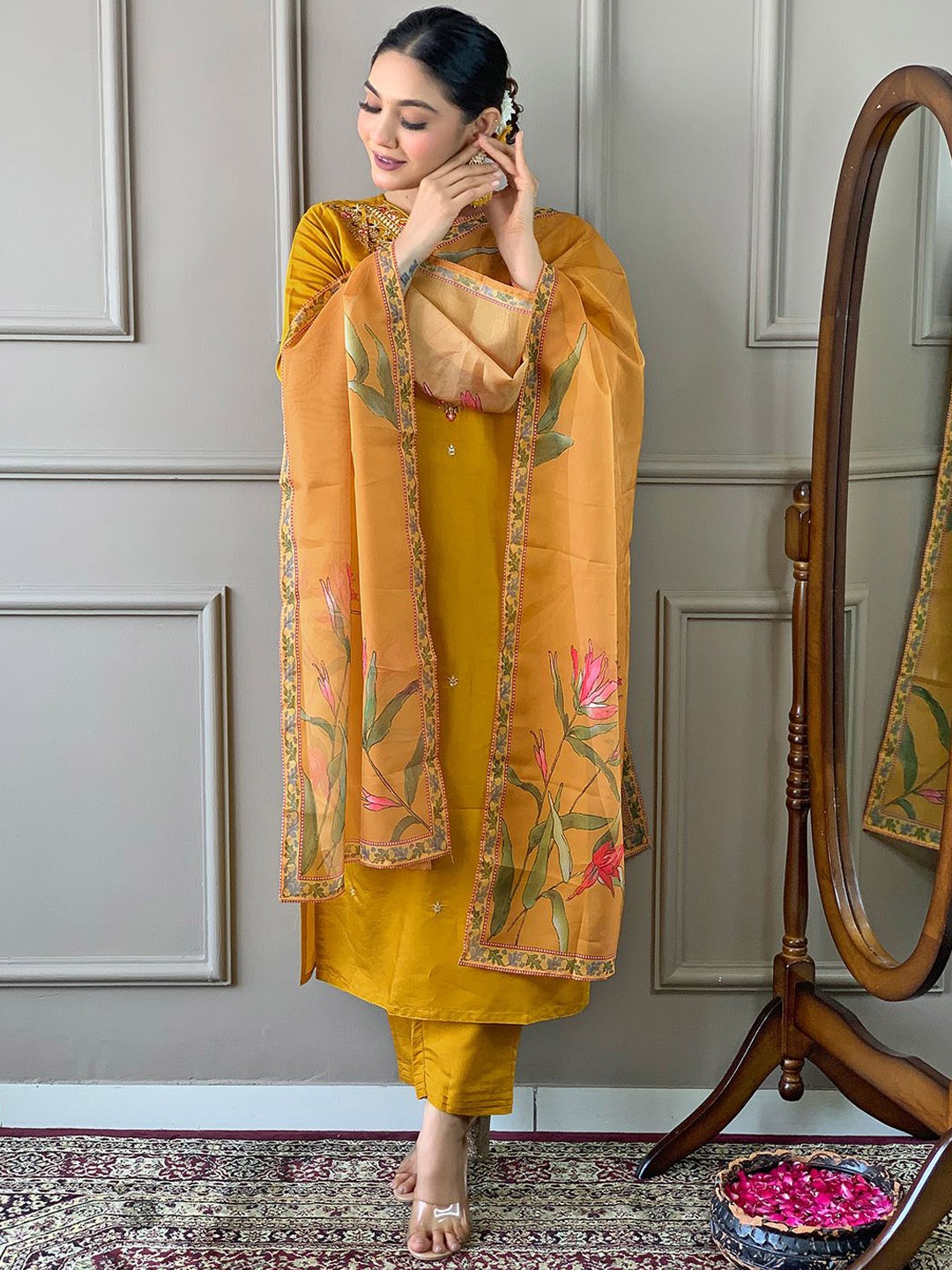 

KALINI Floral Embroidered V-Neck Straight Kurta with Trousers & With Dupatta, Mustard