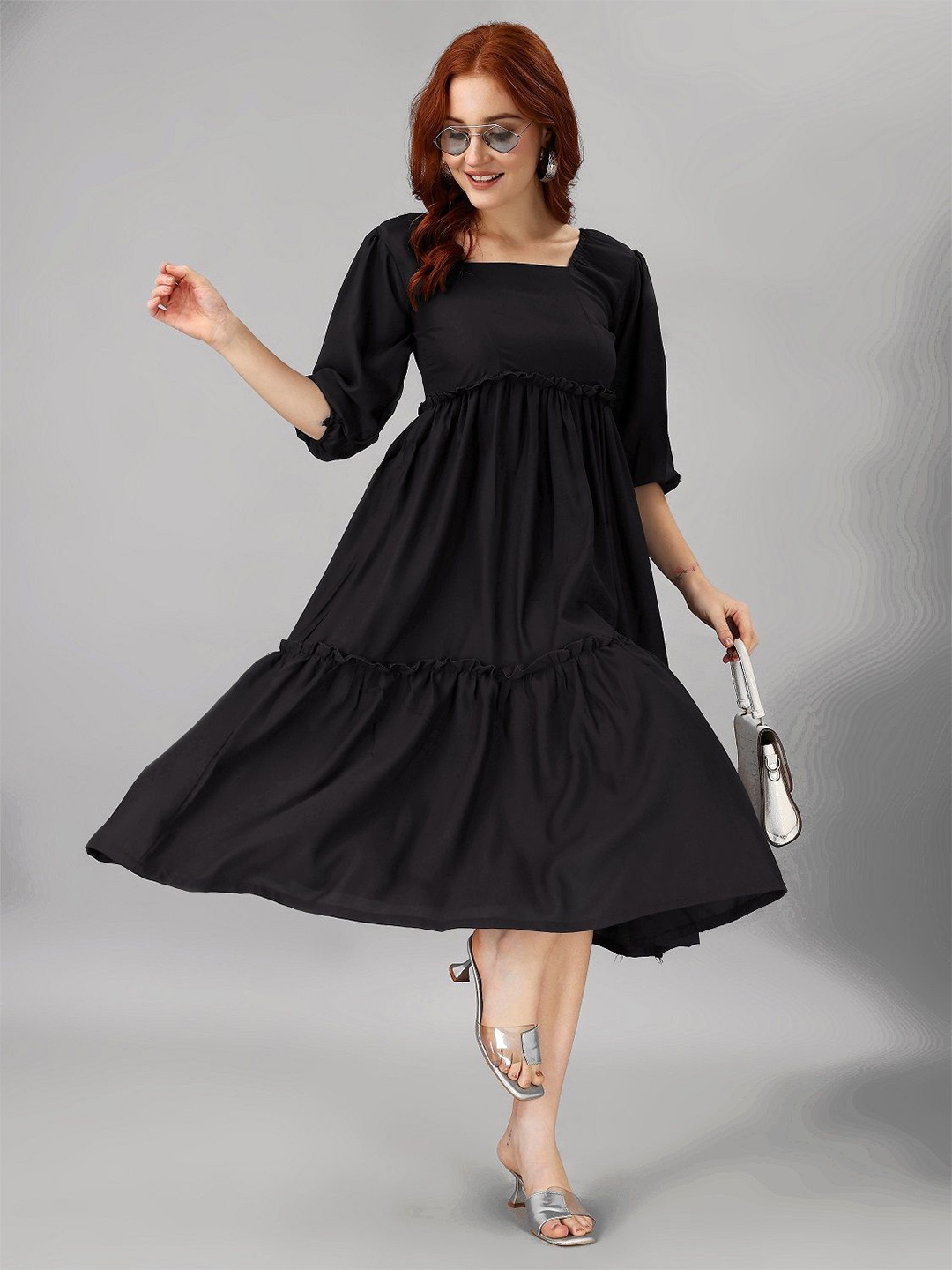 

Krunal Raiyani Women Crepe Empire Tiered Midi Dress, Black