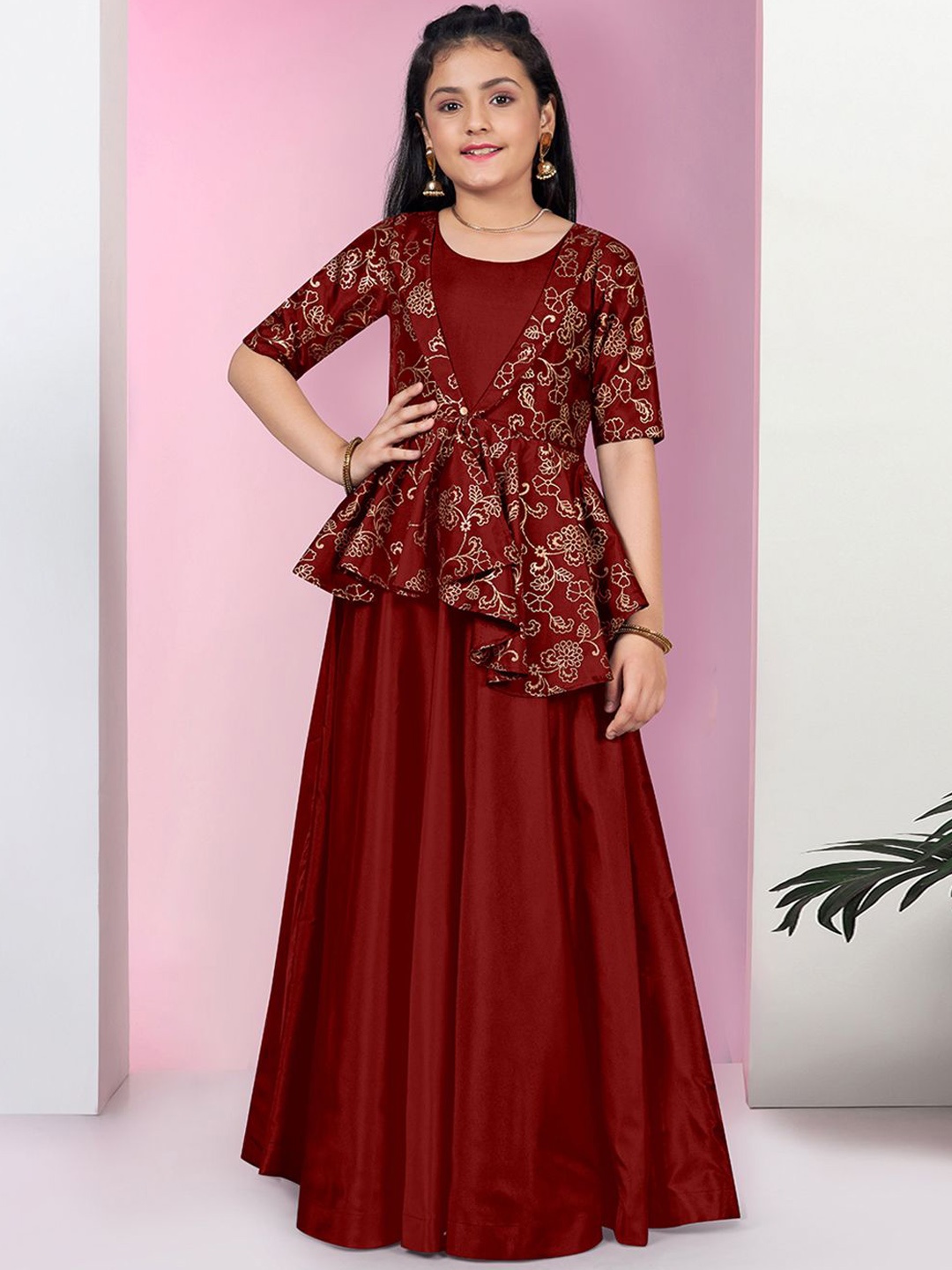 

FASHION DREAM Girls Floral Printed Maxi Length Ethnic Dress, Maroon