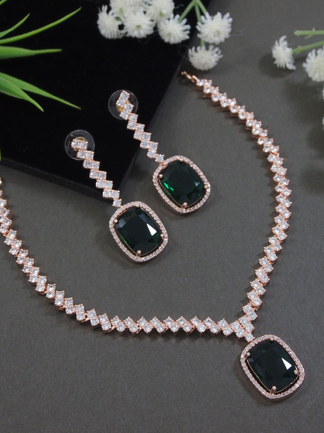 

I Jewels Rose Gold-Plated Cubic Zirconia American Diamond Studded Jewellery Set