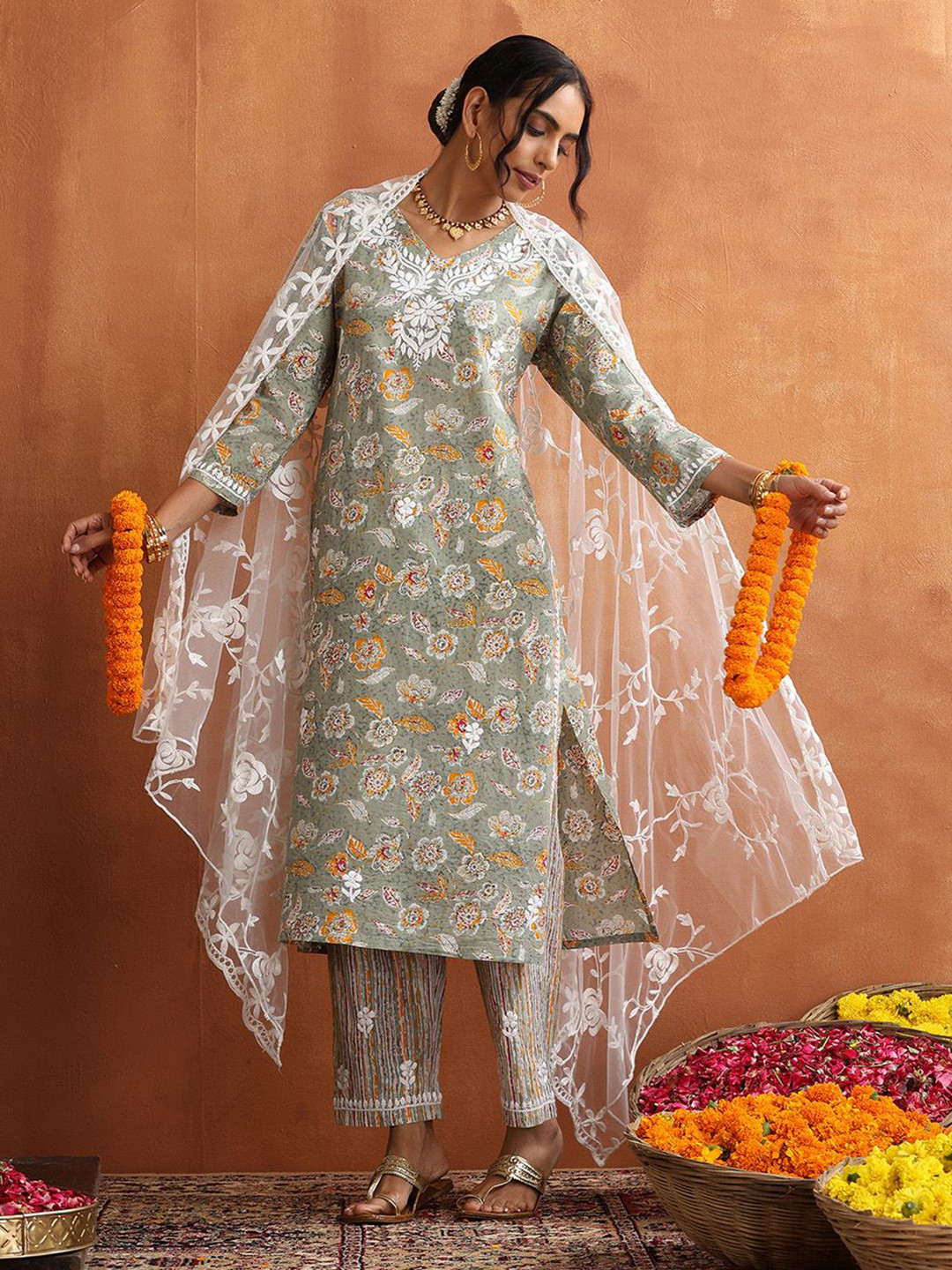 

House of Chikankari Floral Embroidered Pure Cotton Straight Kurta With Trousers & Dupatta, Grey