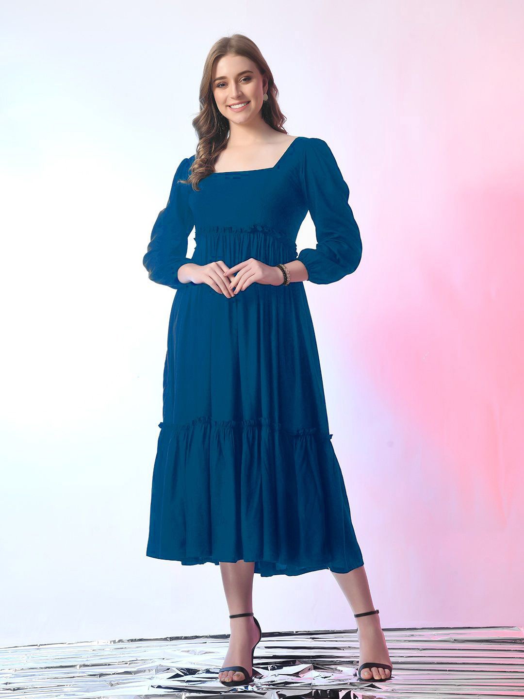 

Raiyani Enterprise Women Crepe Fit & Flare Tiered Midi Dress, Blue