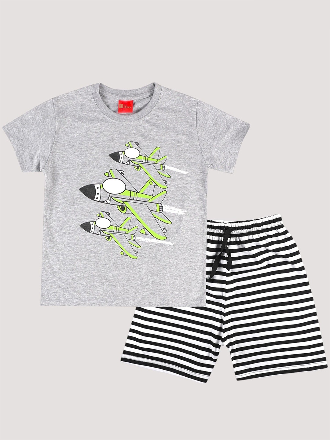 

The Pachisi Boys Graphic Printed Pure Cotton T-shirt with Shorts, Grey melange