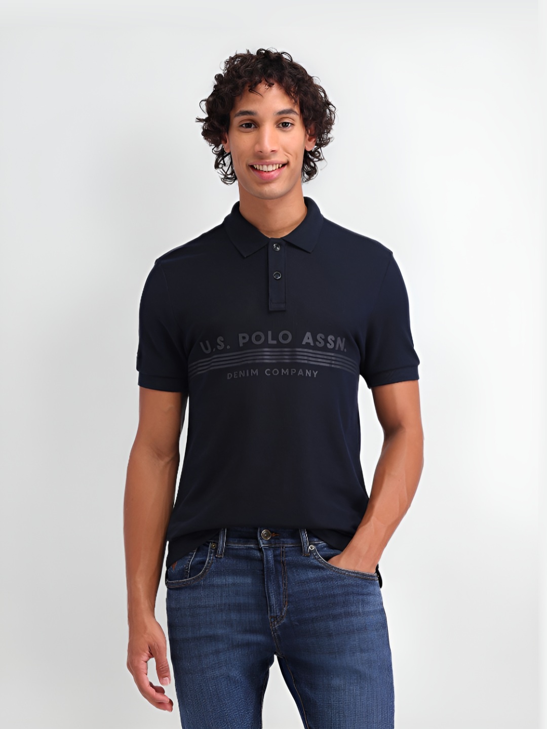 

U.S. Polo Assn. Denim Co. Men Typography Printed Polo Collar Cotton Slim Fit T-shirt, Navy blue