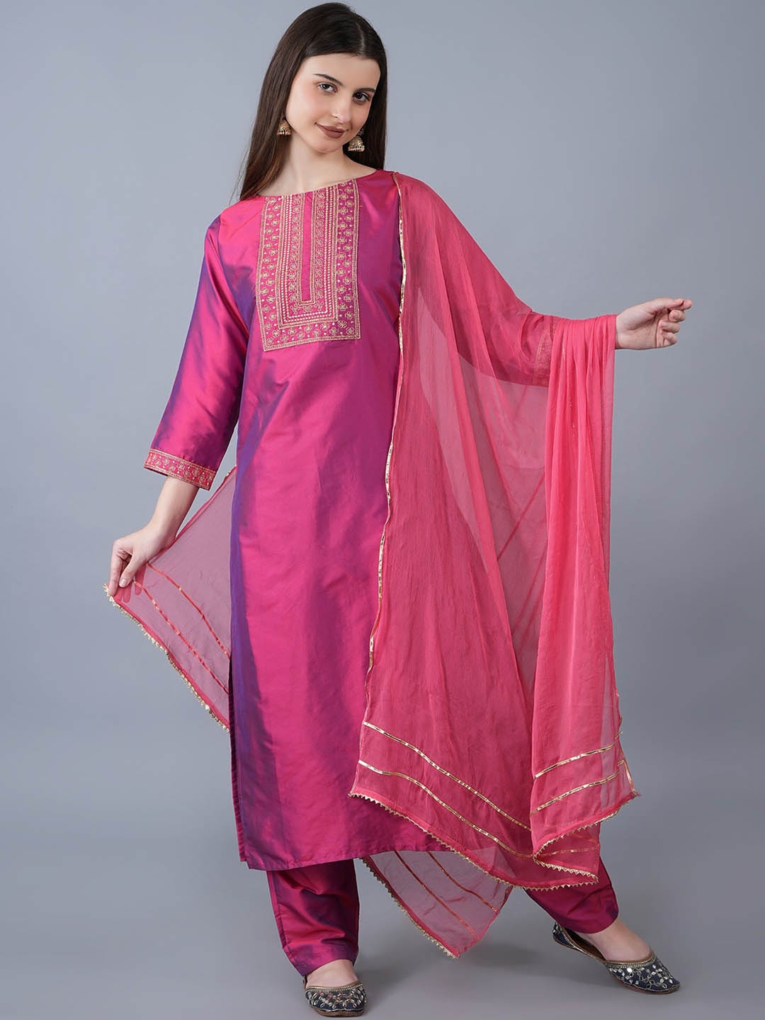

KALINI Ethnic Motifs Embroidered Kurta With Trousers & Dupatta, Peach