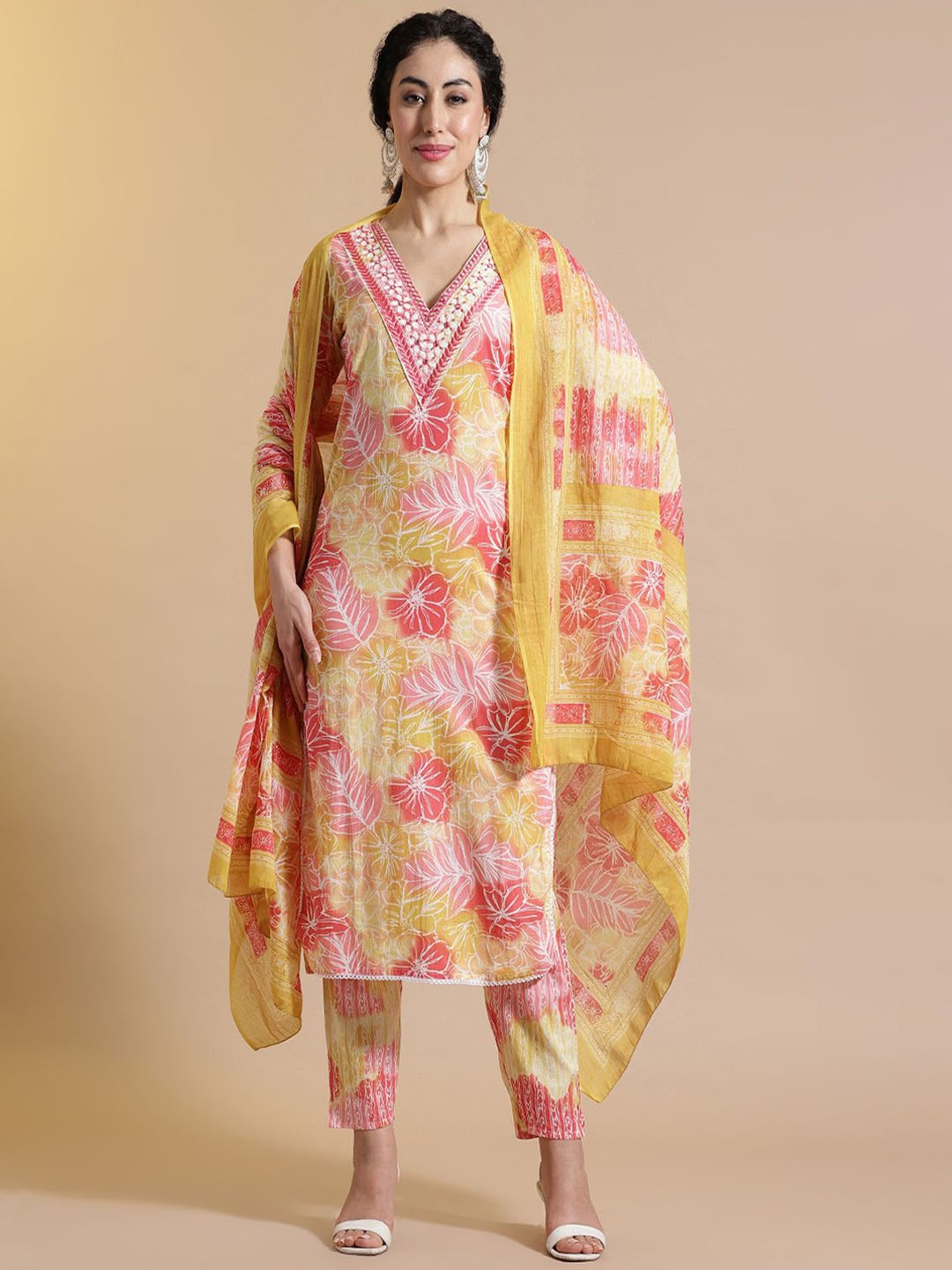 

Anouk Floral Printed Mirror Work Pure Cotton Straight Kurta with Trousers & Dupatta, Yellow