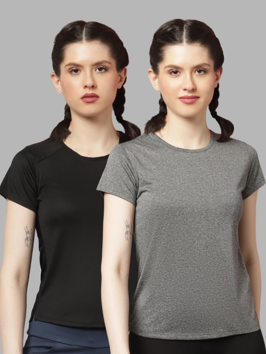 

Friskers Women Pack Of 2 Solid Round Neck T-shirts, Black