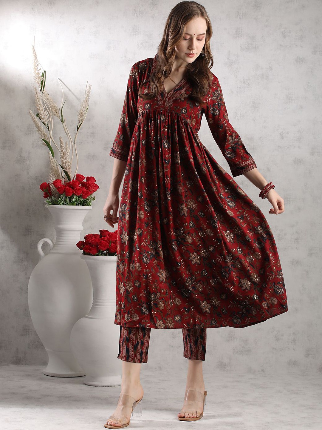 

Anni Designer Floral Printed Empire V-Neck Anarkali Kurta With Trouser, Maroon