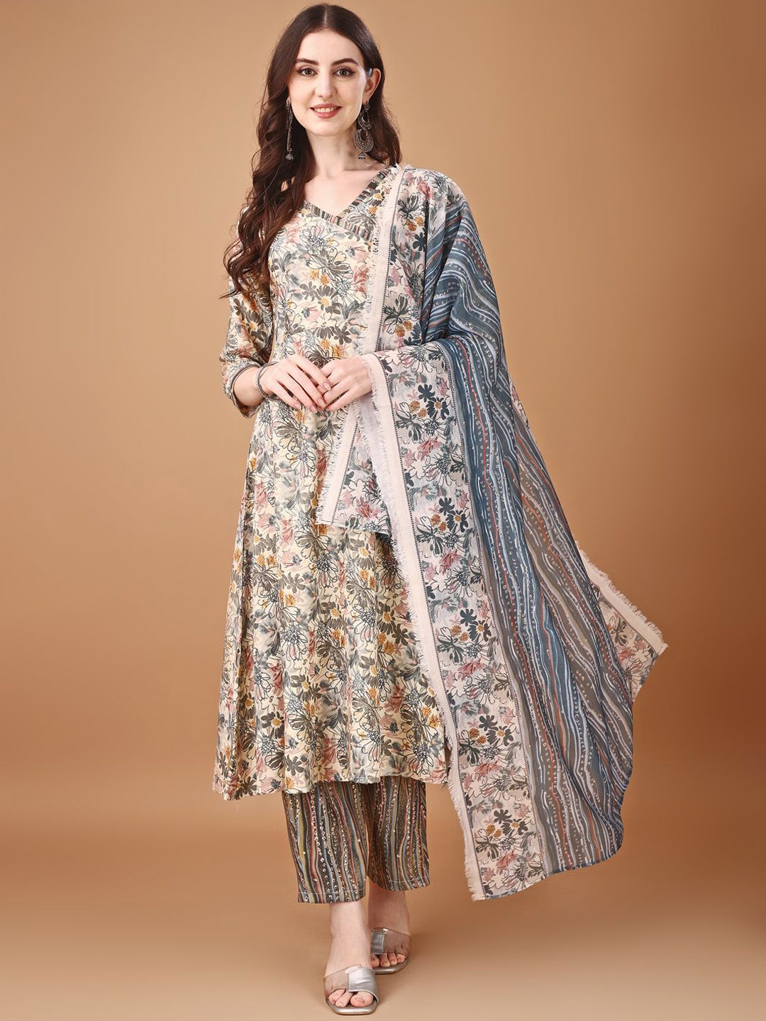 

KALINI Floral Printed V-Neck Anarkali Kurta With Palazzos & Dupatta, Grey