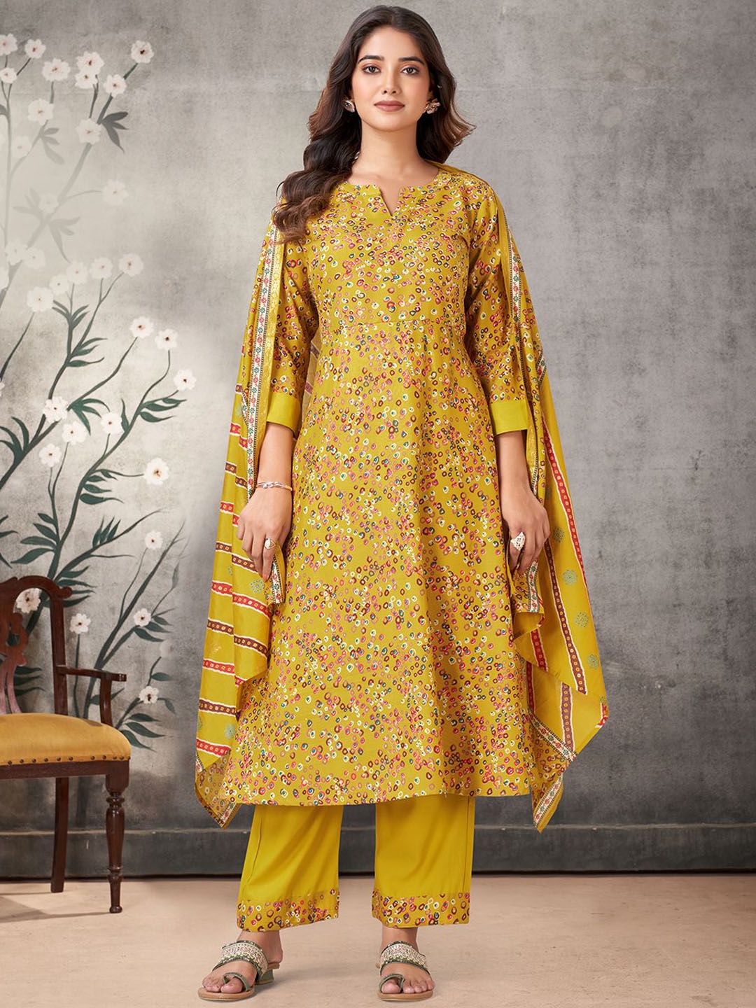 

KALINI Printed Anarkali Kurta With Trousers & Dupatta, Yellow