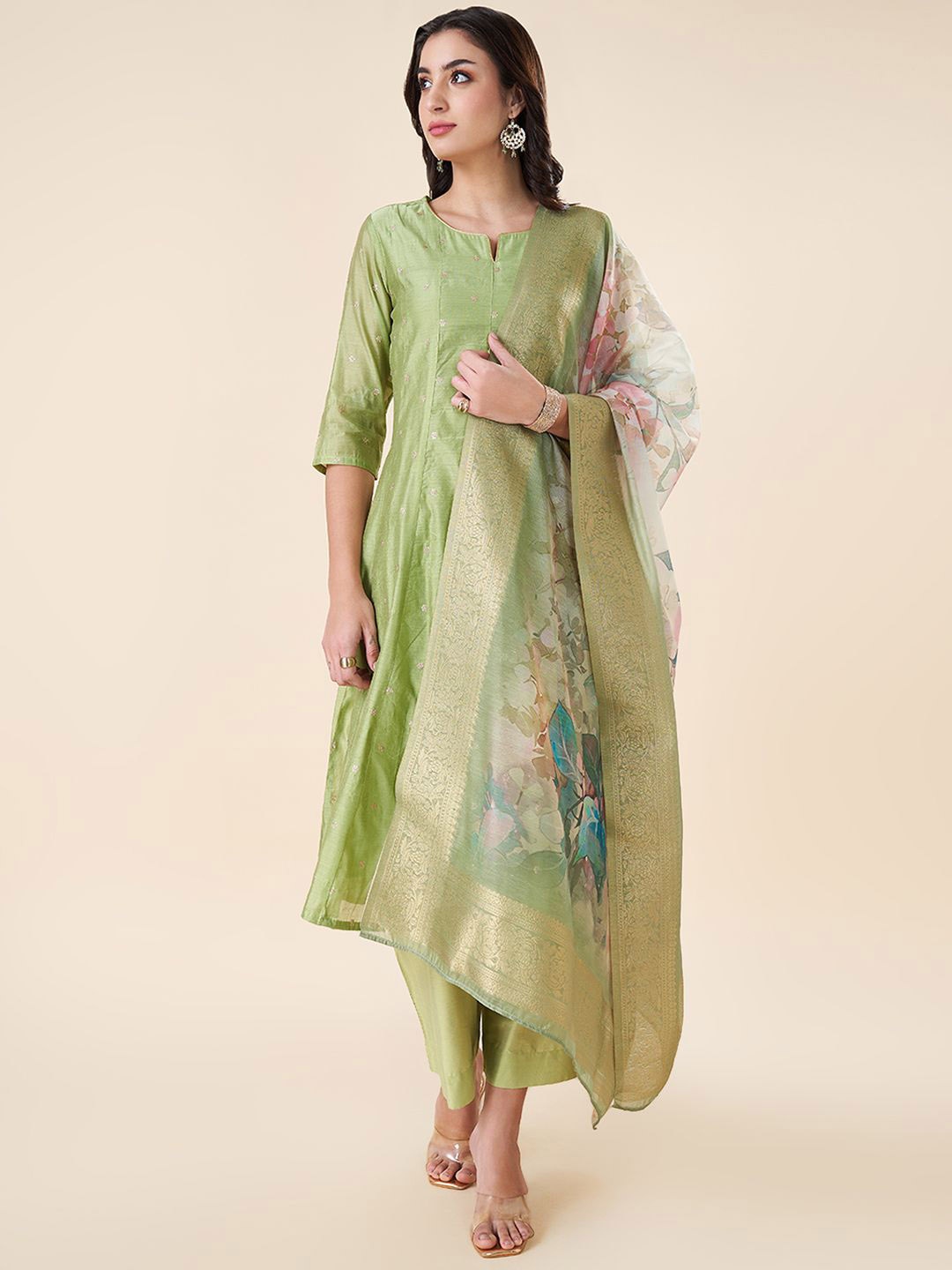 

RANGMANCH BY PANTALOONS Thread Work Notch Neck A-Line Kurta with Trouser & Dupatta, Green