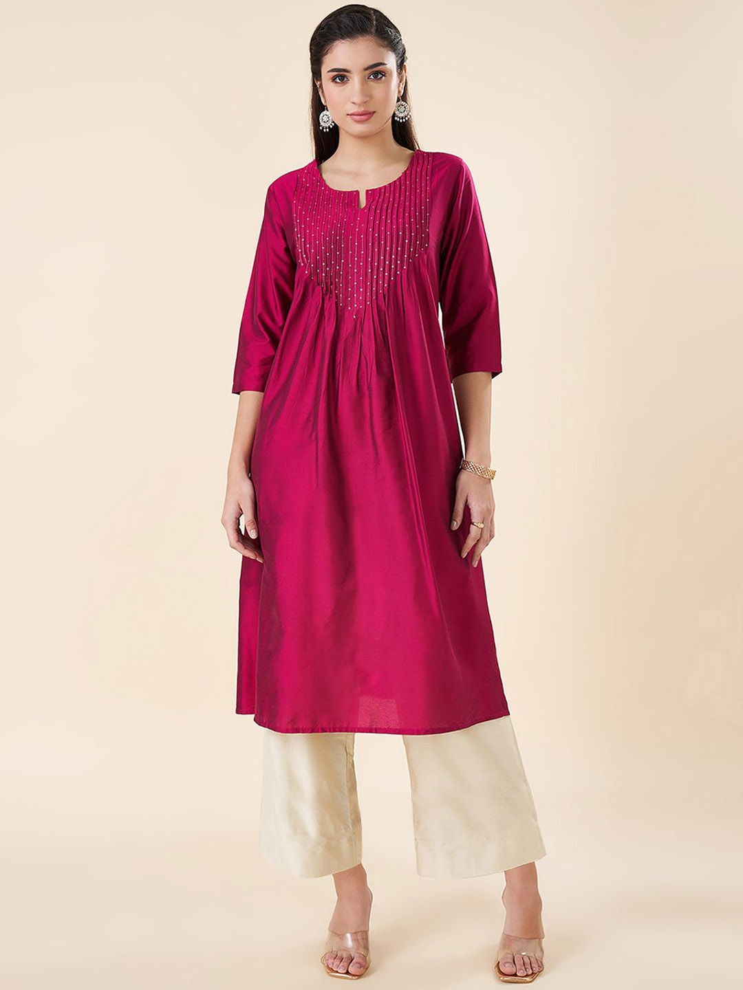 

RANGMANCH BY PANTALOONS Striped Embroidered Thread Work A-Line Kurta, Pink