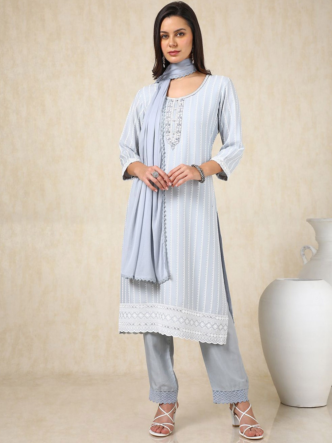 

Soch Striped Embroidered Mirror Work Straight Kurta with Trousers & Dupatta, Grey