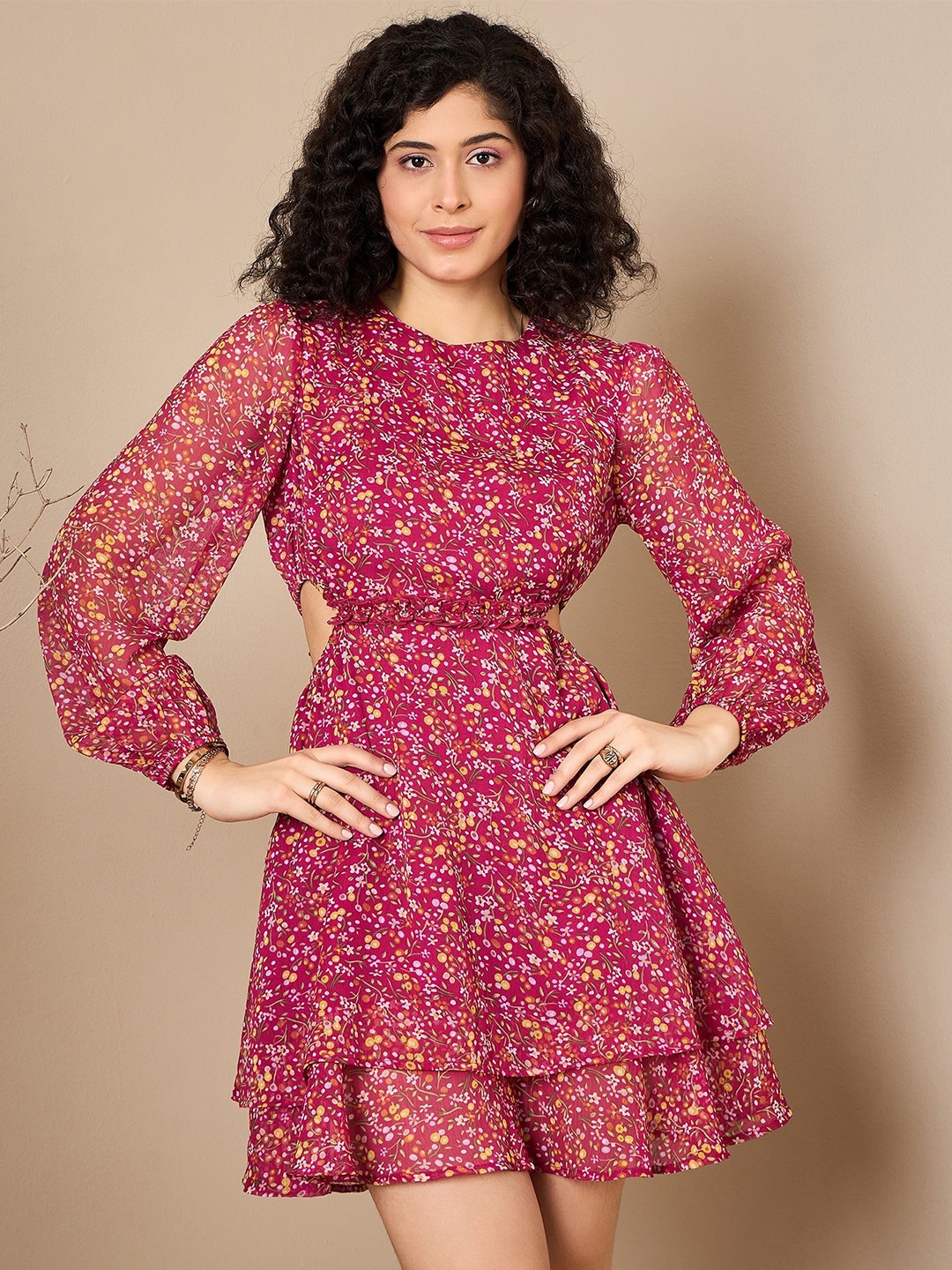 

Kibo Floral Printed Above Knee Fit and Flare Dress, Pink