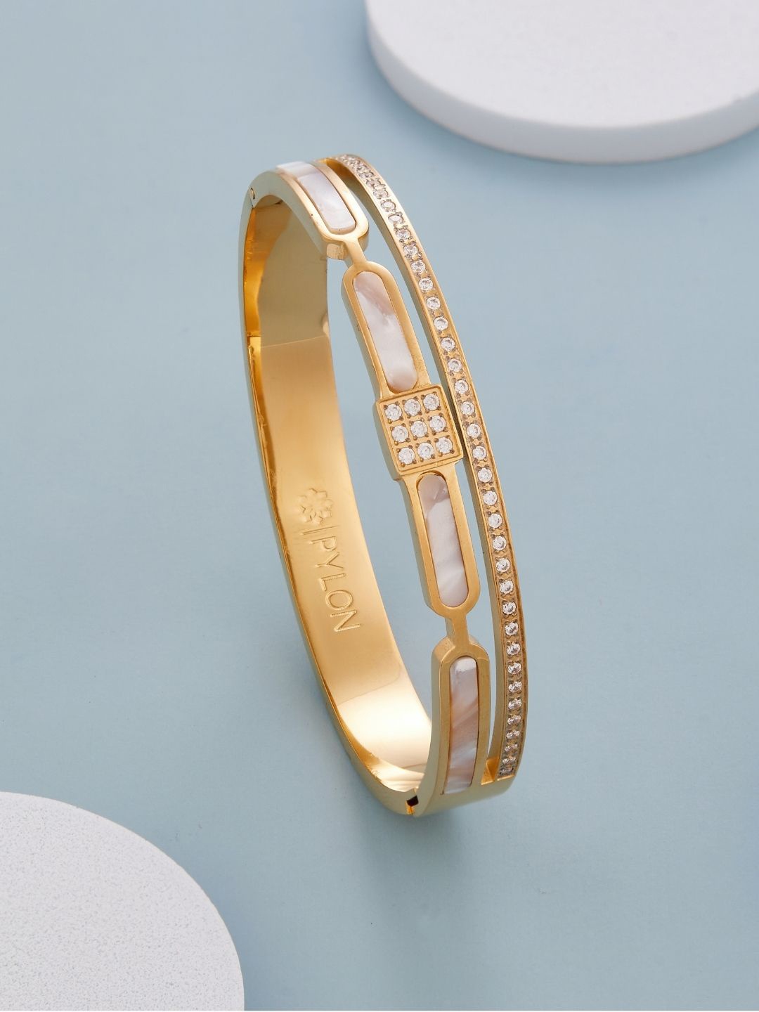 

PYLON Stainless Steel American Diamond Studded Kada Bracelet, Gold