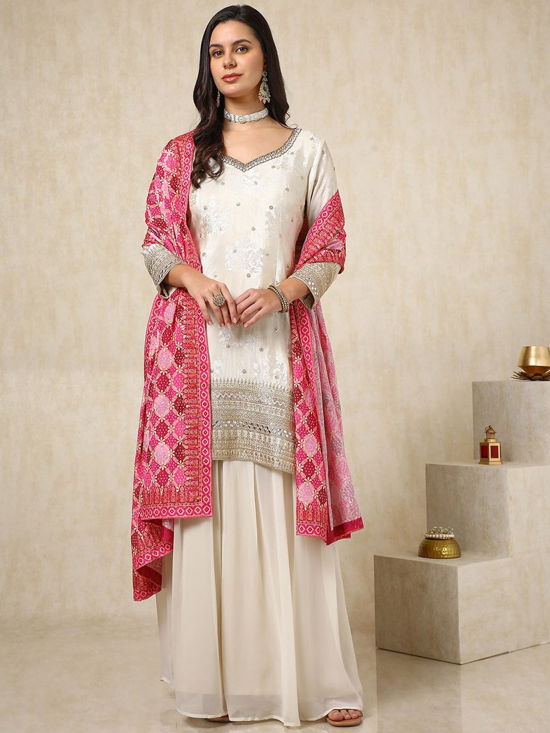 

Soch Floral Embroidered Sequinned Straight Kurta with Palazzos & Dupatta, Off white