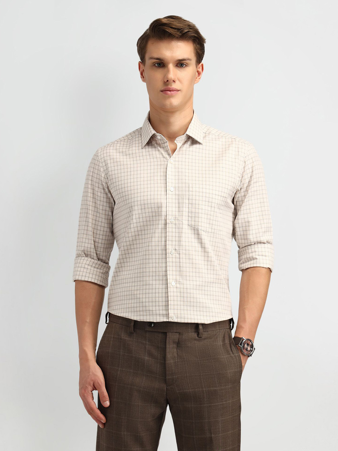 

Arrow Men Manhattan Spread Collar Checked Cotton Slim Fit Formal Shirt, Beige