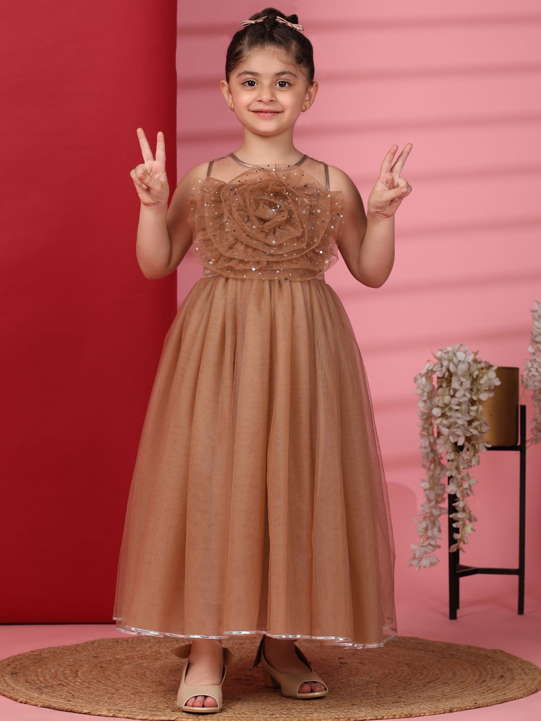 

Toy Balloon kids Girls Embellished Applique Net Fit & Flare Maxi Dress, Brown