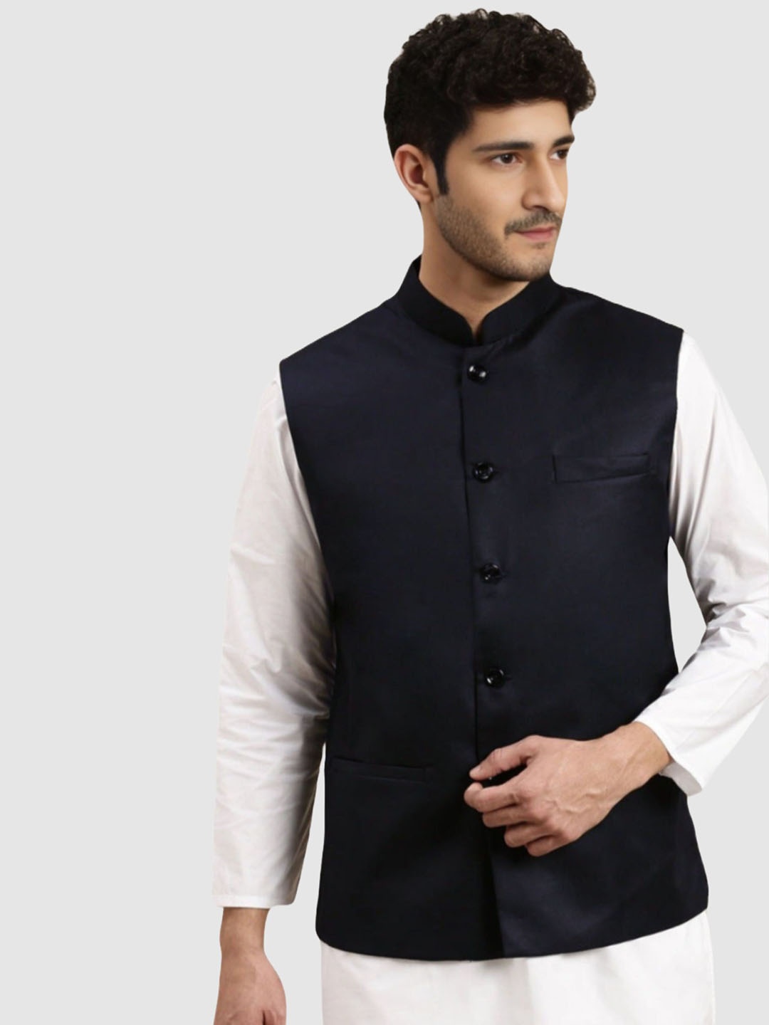 

BAESD Mandarin Collar Satin Nehru Jacket, Navy blue
