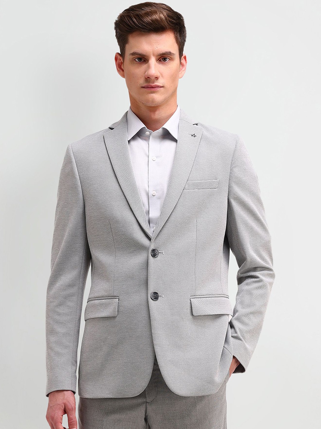 

Arrow Self Design Slim-Fit Notched Lapel Single Breasted Formal Blazer, Grey