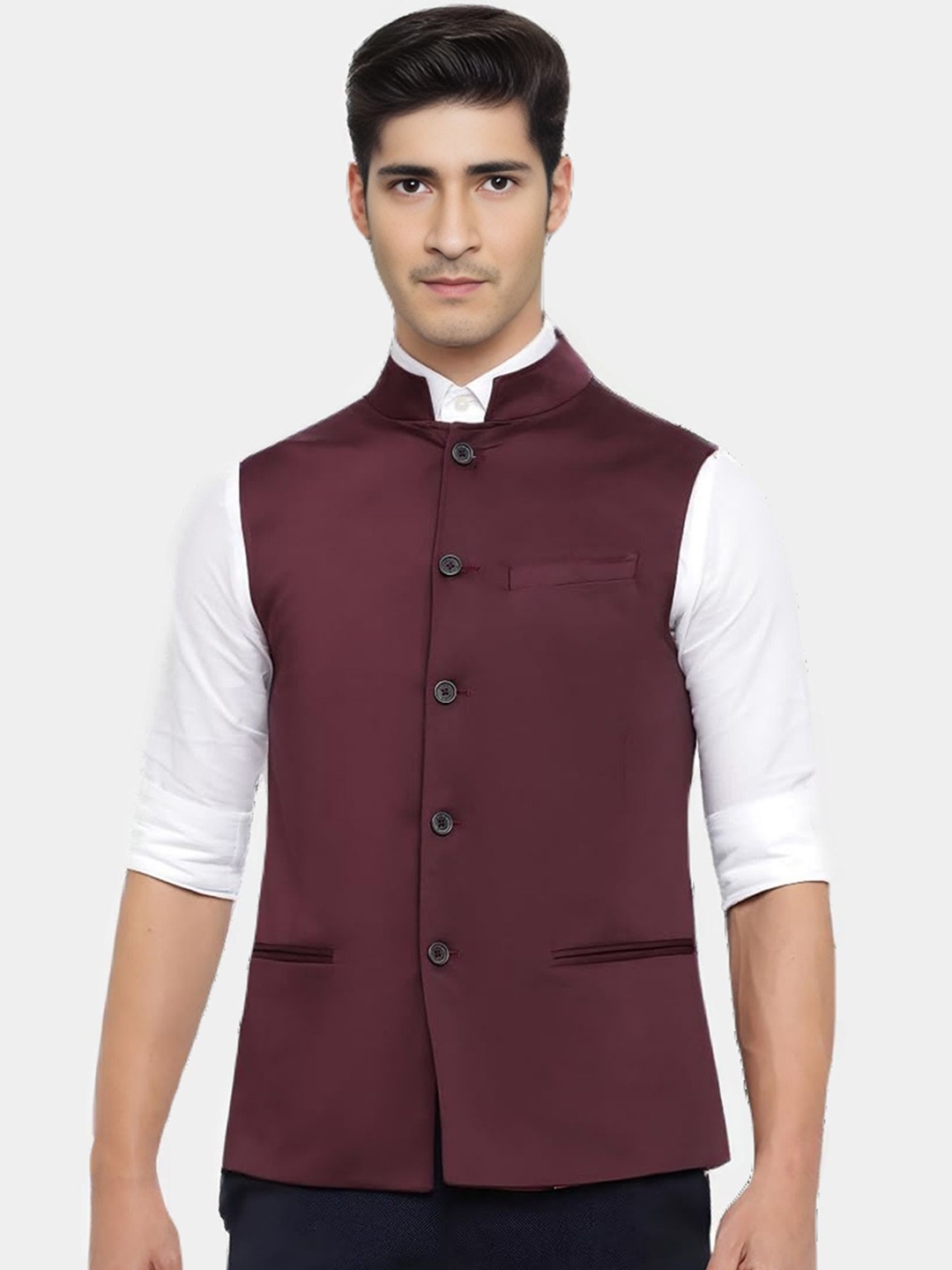 

BAESD Mandarin Collar Satin Nehru Jacket, Maroon