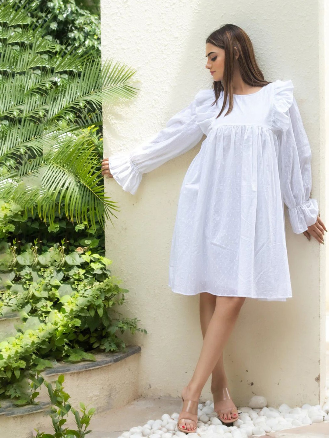 

SUKITI Women Round Neck Cotton A-Line Knee Length Dress, White