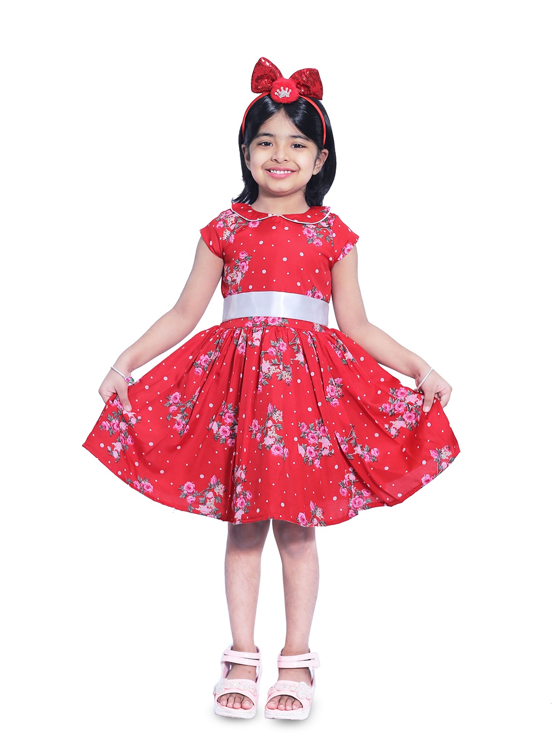 

Wish little Girls Floral Printed Gathered A-Line Dress Comes with a belt, Red