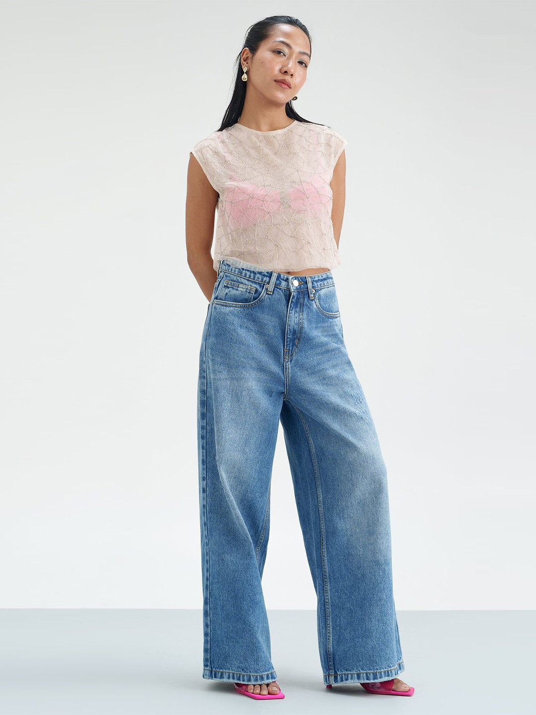 

FREAKINS Women Pure Cotton Loose Wide Leg High-Rise Light Fade Jeans, Blue