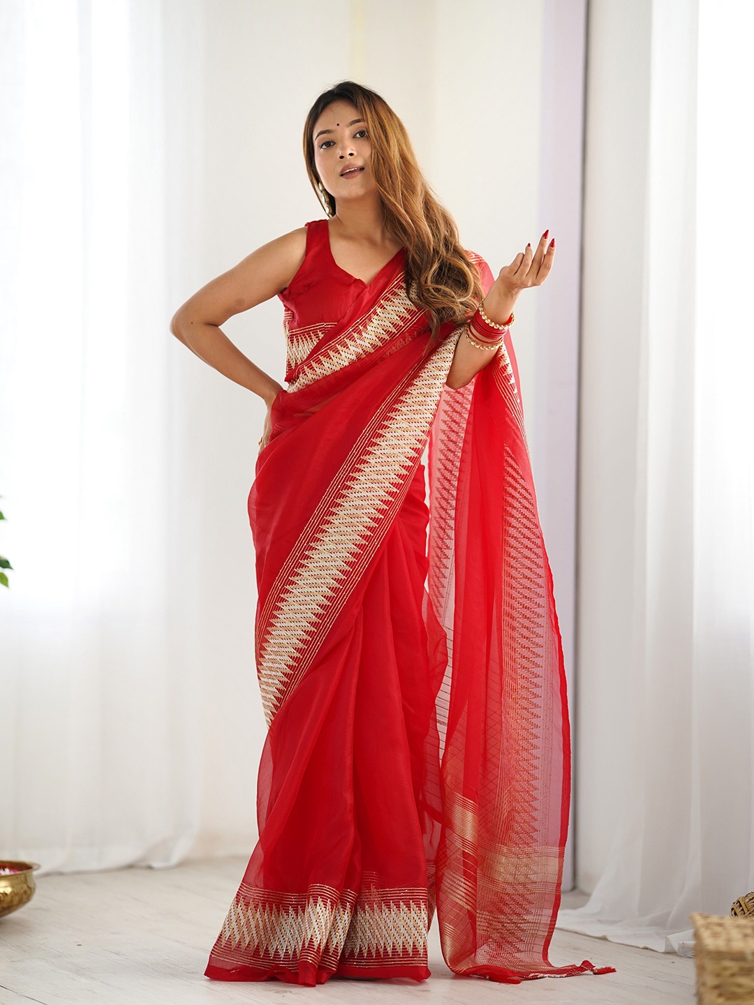 

KALINI Zari Embellished Organza Saree With Blouse Piece, Red