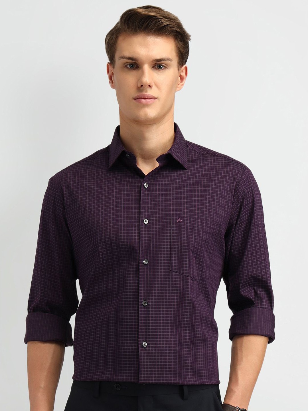 

Arrow Men Classic Spread Collar Gingham Checked Cotton Formal Shirt, Purple