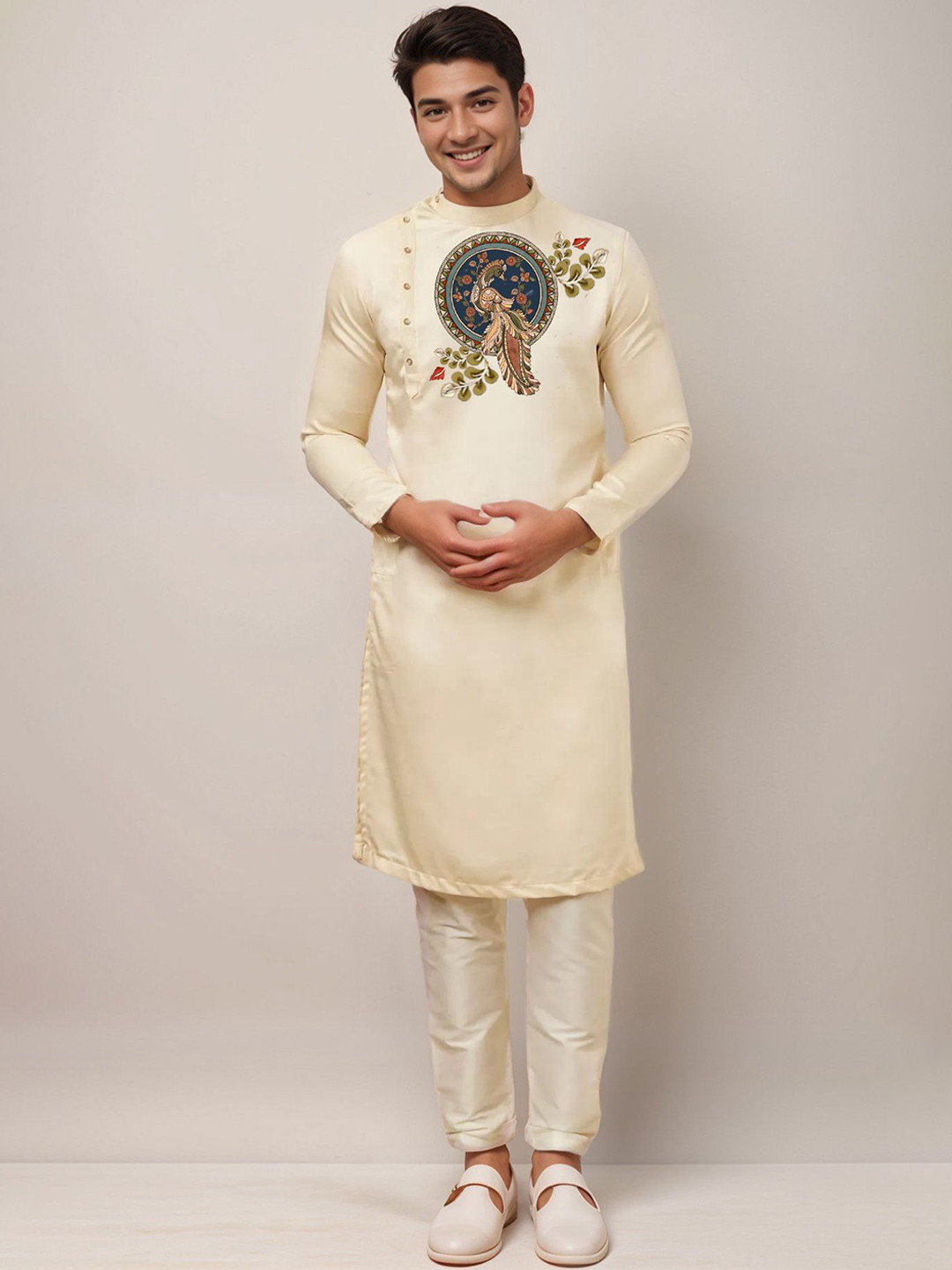 

DEVOILER Floral Printed Regular Cotton Straight Kurta, Beige