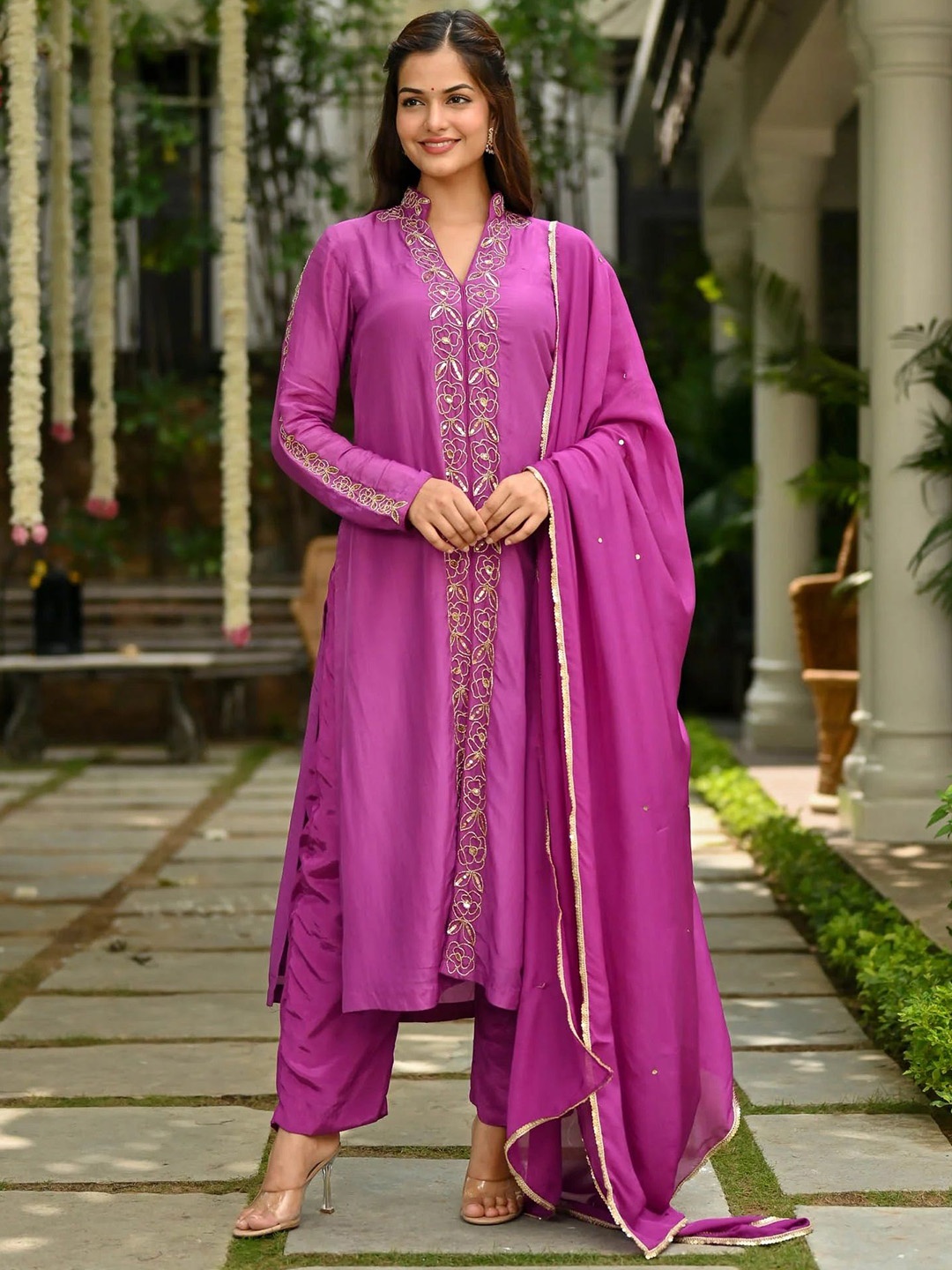 

Anni Designer Floral Embroidered Sequinned Straight Kurta With Trouser & Dupatta, Pink