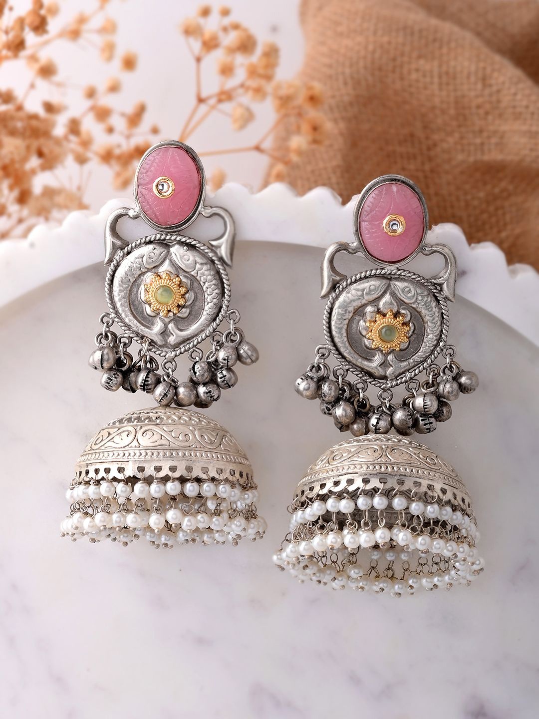 

Voylla Silver-Plated Dome Shaped Antique Opulance & Beaded Jhumkas