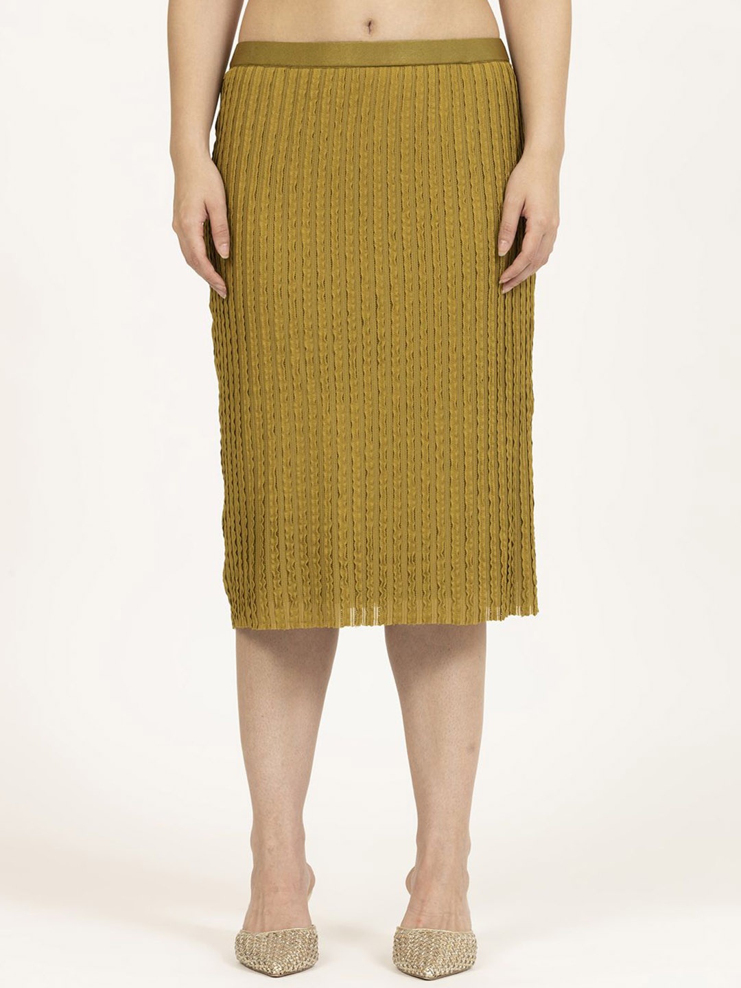 

OFFICE & YOU Women Striped Self Design Straight Casual Midi Skirts, Olive