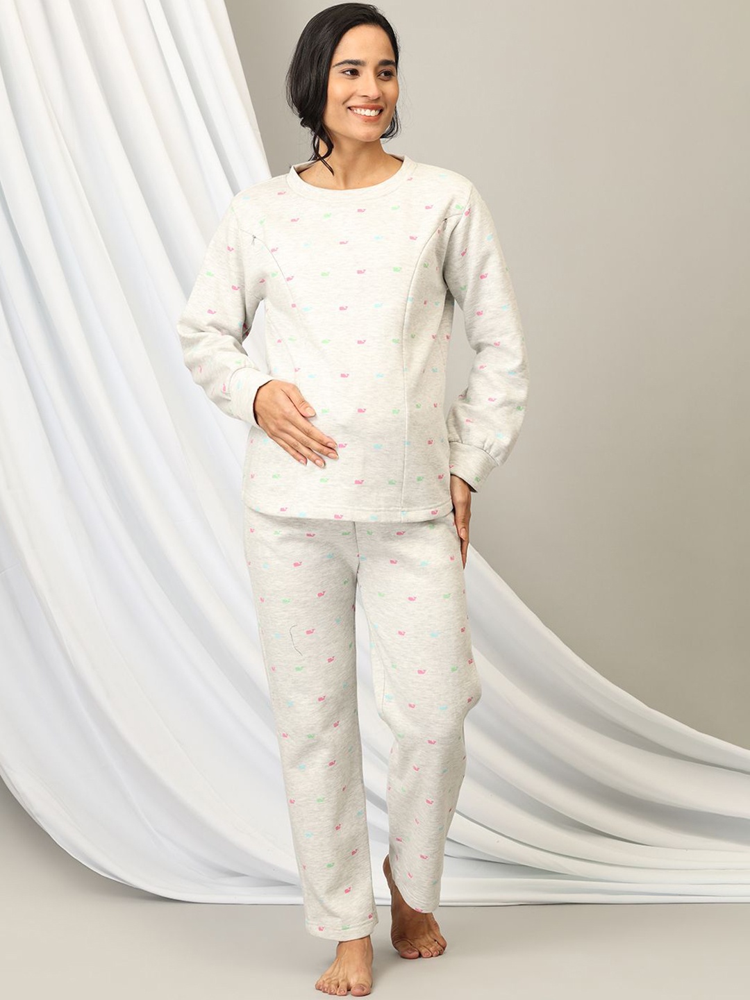 

The Mom Store Printed Pure Cotton Maternity & Nursing Night suit, Grey