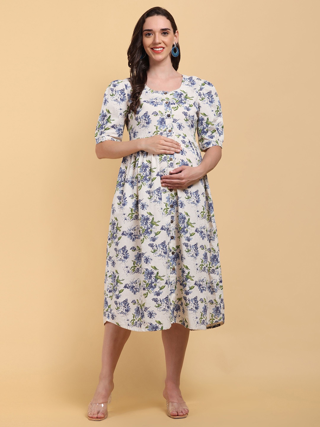 

CHARISMOMIC Women Floral Printed Maternity Maxi Midi Cotton Dress, Cream