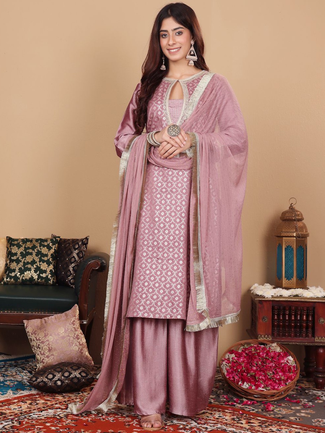 

Varanga Mauve Ethnic Motifs Woven Design Keyhole Neck Straight Kurta With Sharara &Dupatta