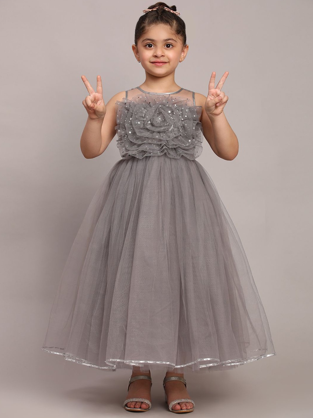 

Toy Balloon kids Girls Embellished Applique Net Fit & Flare Maxi Dress, Grey