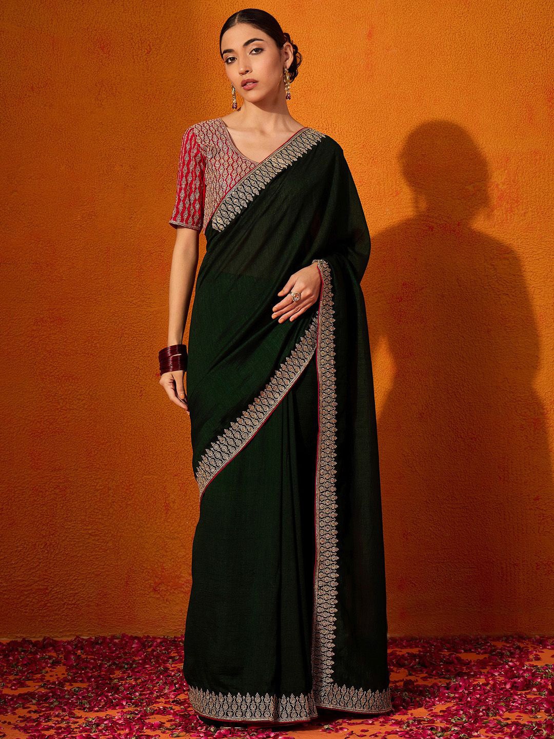 

Anouk Beads and Stones Embroidered Saree, Green