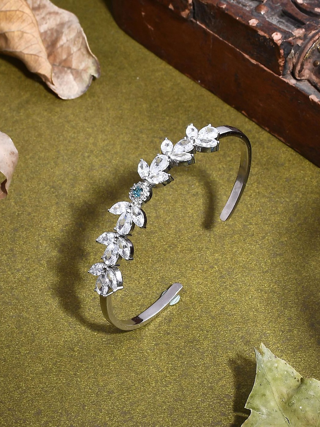 

Voylla Rhodium-Plated American Diamond Studded Cuff Bracelet, Silver
