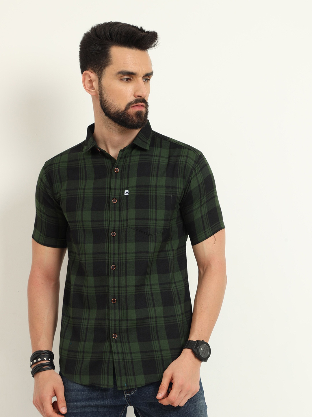 

ALLWIN PAUL Men Classic Spread Collar Tartan Checked Cotton Casual Shirt, Green