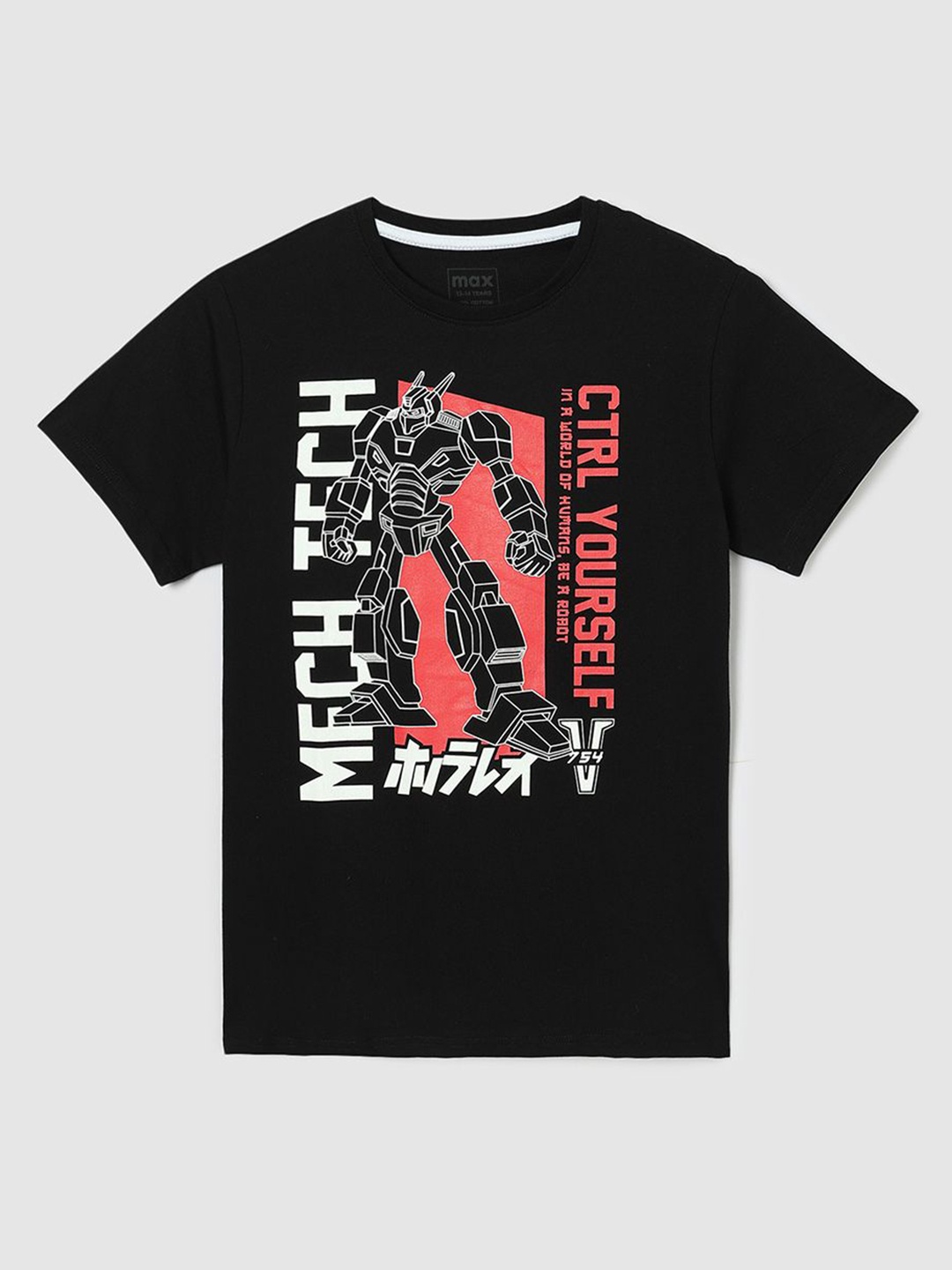 

max Boys Typography Printed Round Neck Cotton T-shirt, Black