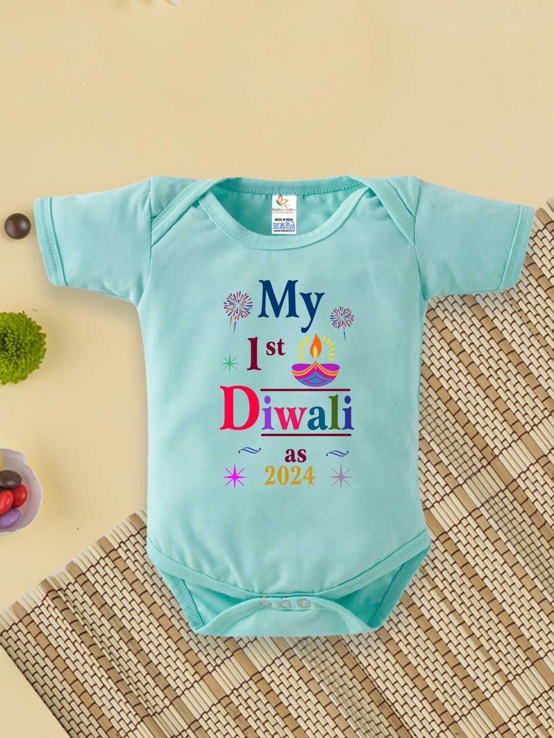 

Babywish Kids Special Printed My First Diwali Romper Bodysuit, Sea green