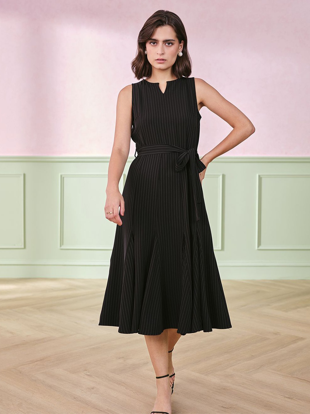 

AND Women Striped A-Line Midi Dress Comes with a belt, Black