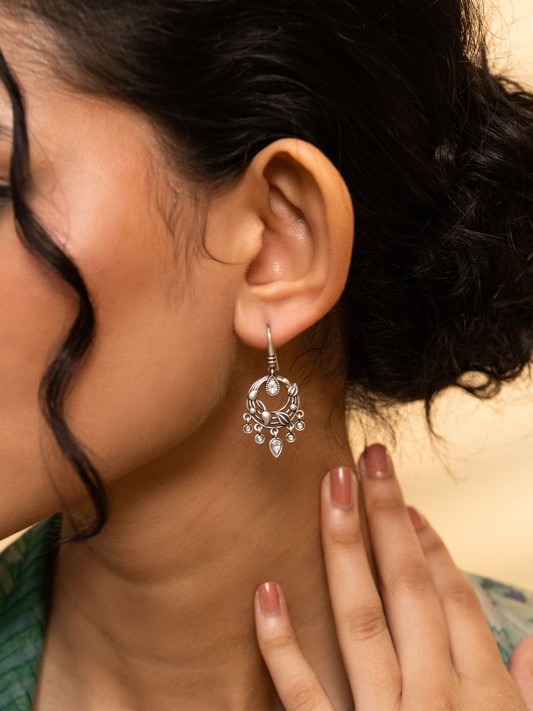 

SHAYA Jhoom 925 Sterling Silver Oxidised Stone Studded Contemporary Drop Earrings