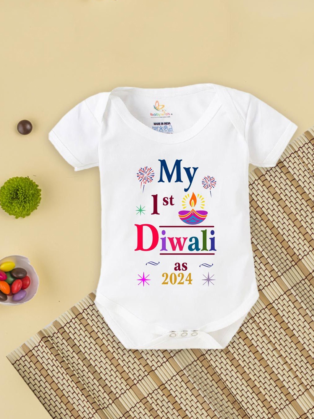 

Babywish Kids Diwali Special Printed Cotton Bodysuit, White