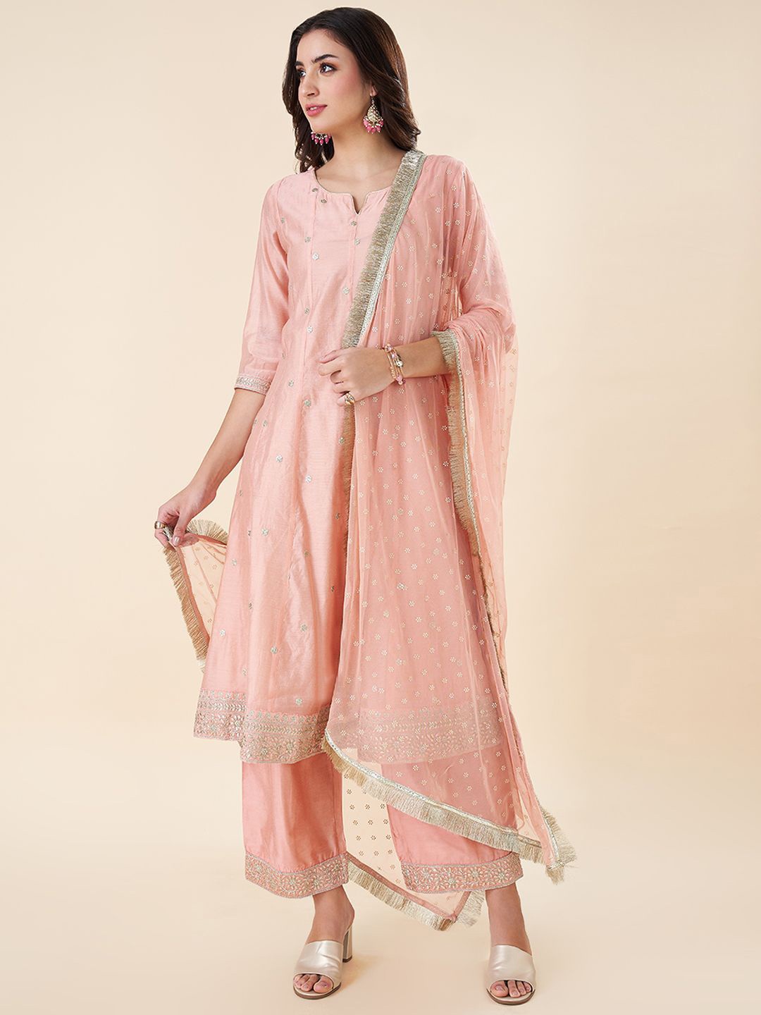 

RANGMANCH BY PANTALOONS Floral Embroidered Sequinned A-Line Kurta with Trouser & Dupatta, Peach